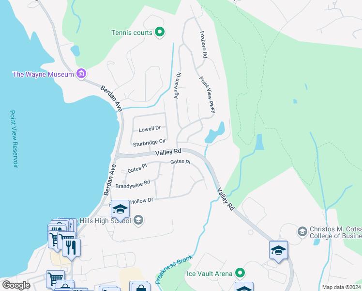 map of restaurants, bars, coffee shops, grocery stores, and more near 3 Chicopee Drive in Wayne