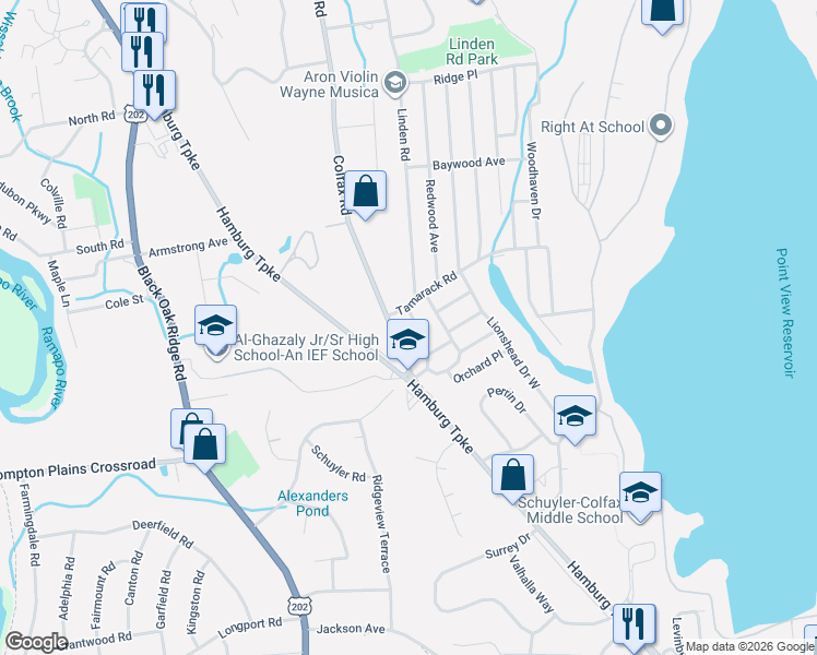 map of restaurants, bars, coffee shops, grocery stores, and more near 12 Tamarack Road in Wayne