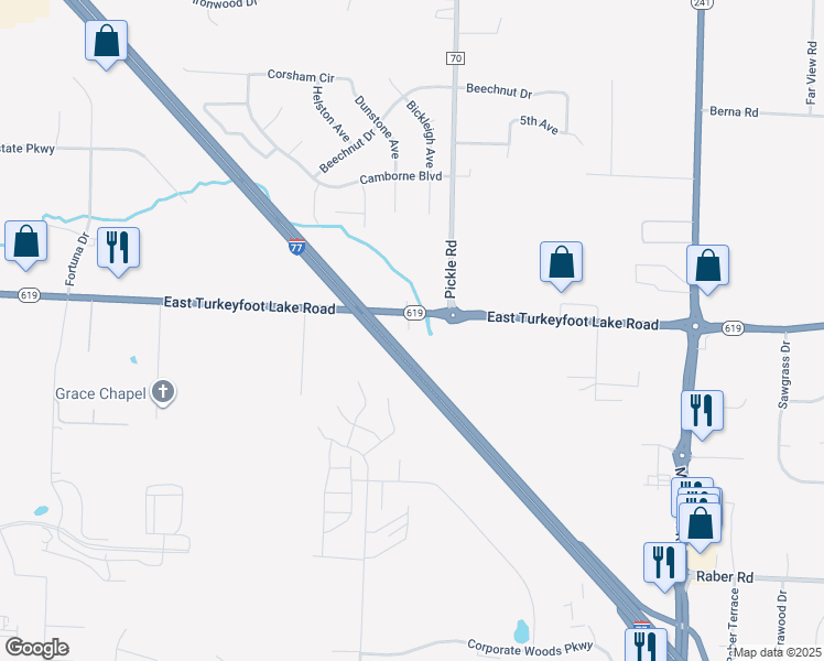 map of restaurants, bars, coffee shops, grocery stores, and more near 1336 East Turkeyfoot Lake Road in Akron