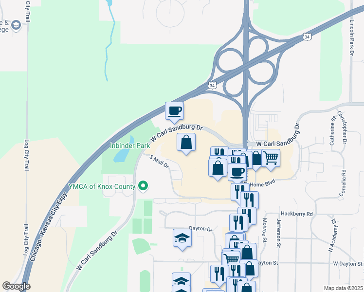 map of restaurants, bars, coffee shops, grocery stores, and more near 1150 West Carl Sandburg Drive in Galesburg
