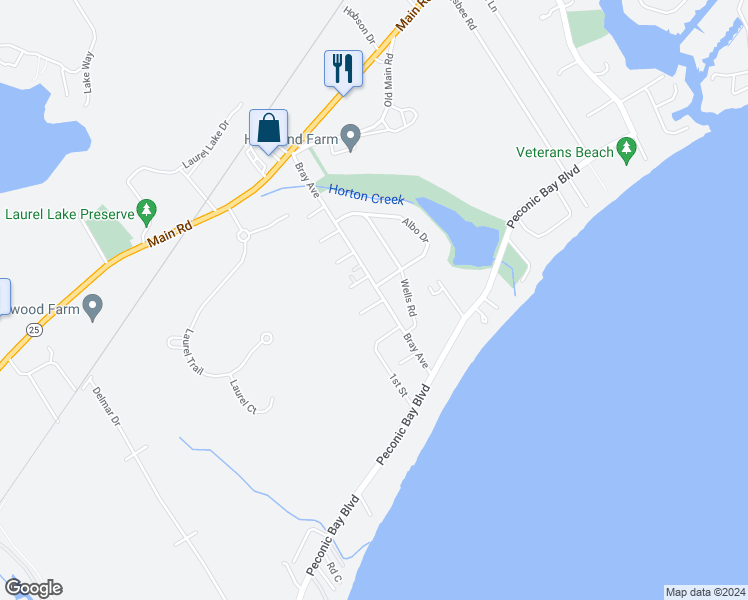 map of restaurants, bars, coffee shops, grocery stores, and more near 1930 Bray Avenue in Laurel