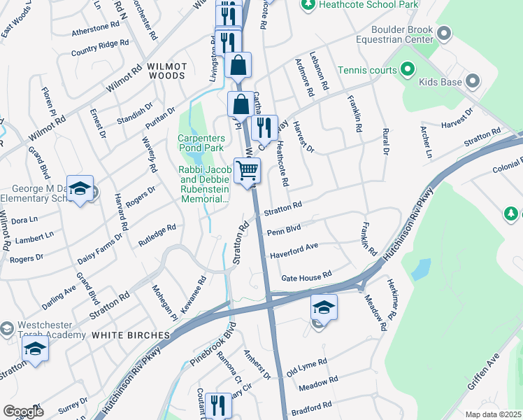 map of restaurants, bars, coffee shops, grocery stores, and more near 2 Stratton Road in Scarsdale