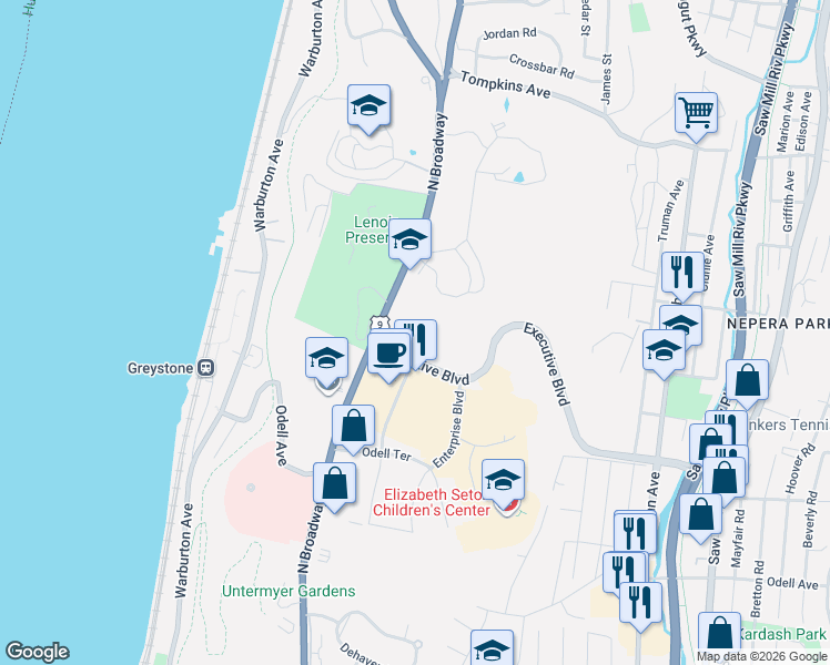 map of restaurants, bars, coffee shops, grocery stores, and more near 1 Executive Boulevard in Yonkers