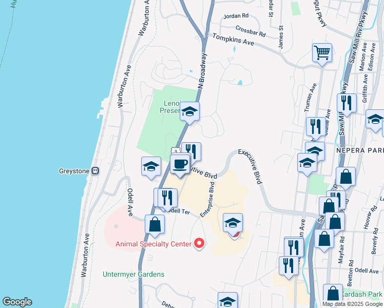 map of restaurants, bars, coffee shops, grocery stores, and more near 412 Bronx River Road in Yonkers