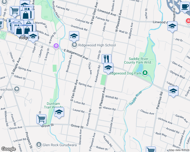 map of restaurants, bars, coffee shops, grocery stores, and more near 33 Kenilworth Road in Ridgewood