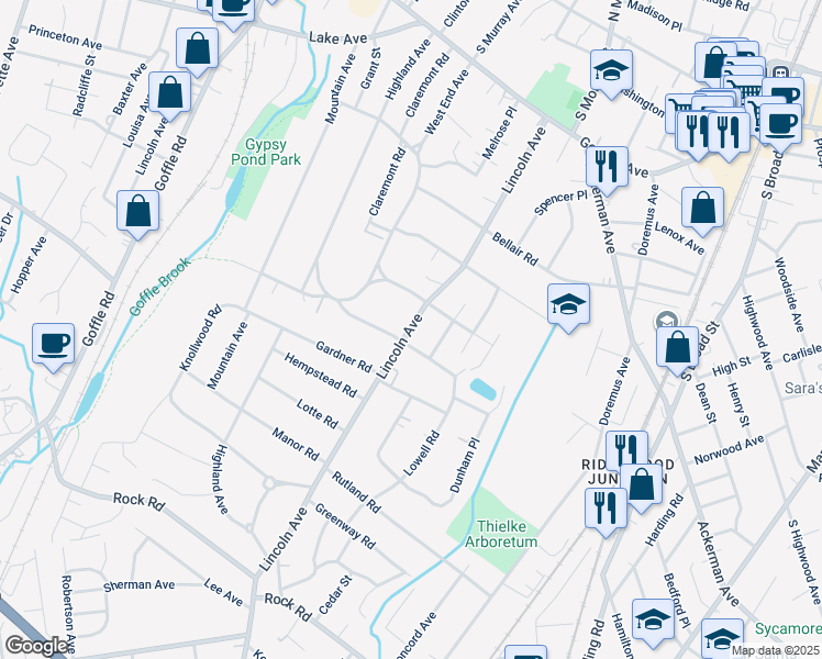 map of restaurants, bars, coffee shops, grocery stores, and more near 271 Lincoln Avenue in Ridgewood