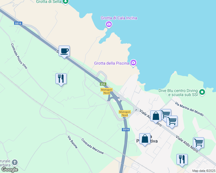 map of restaurants, bars, coffee shops, grocery stores, and more near in Metropolitan City of Bari