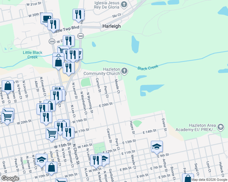 map of restaurants, bars, coffee shops, grocery stores, and more near 992-998 Meade Ct in Hazleton