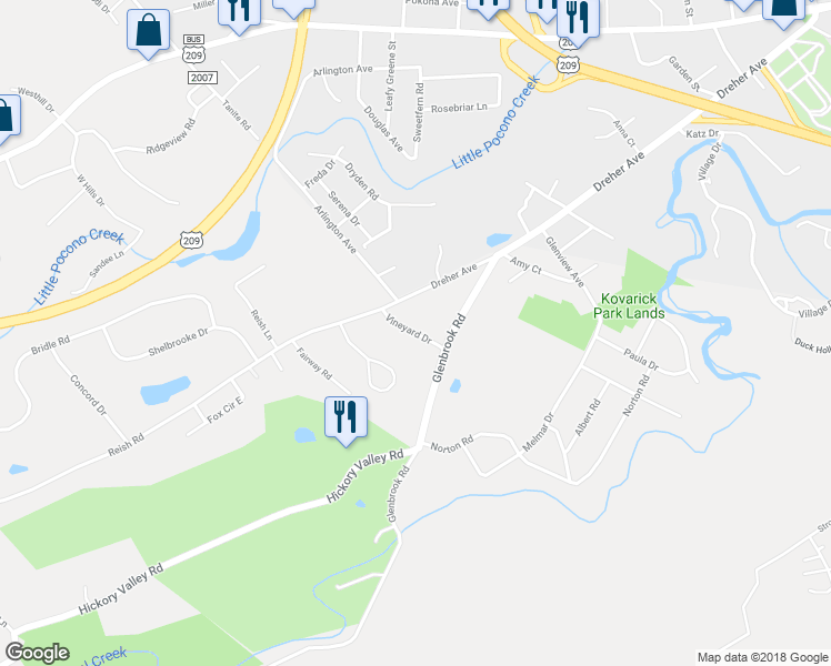map of restaurants, bars, coffee shops, grocery stores, and more near Vineyard Drive in Stroudsburg
