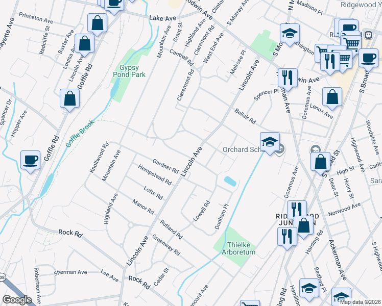 map of restaurants, bars, coffee shops, grocery stores, and more near 207 McKinley Place in Ridgewood