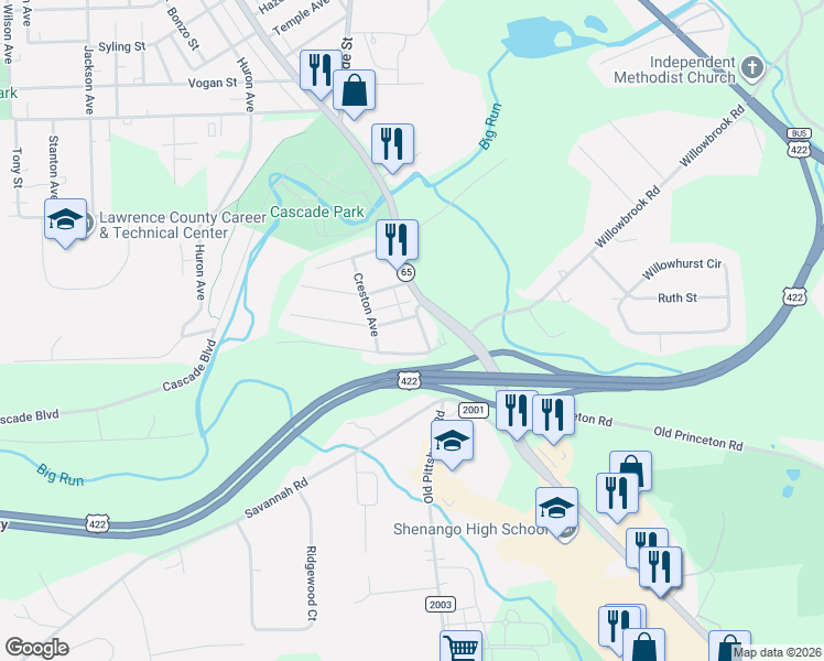 map of restaurants, bars, coffee shops, grocery stores, and more near 2206 East Washington Street in New Castle