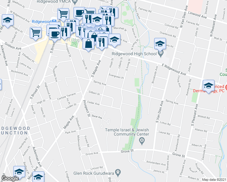 map of restaurants, bars, coffee shops, grocery stores, and more near 370 Spring Avenue in Ridgewood
