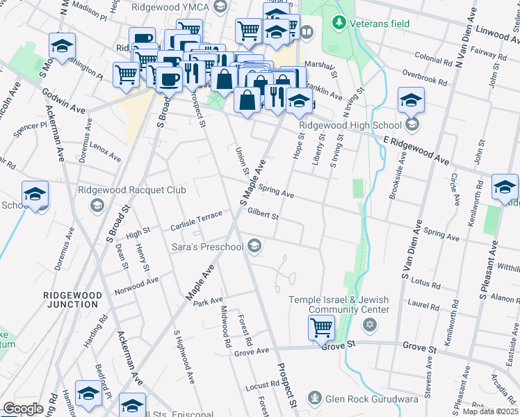map of restaurants, bars, coffee shops, grocery stores, and more near 329 Gilbert Street in Ridgewood