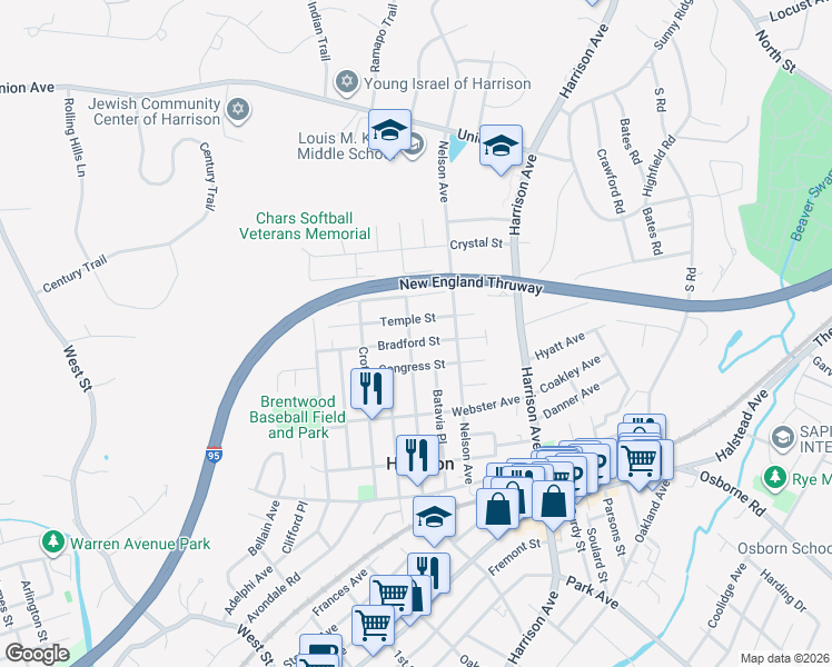 map of restaurants, bars, coffee shops, grocery stores, and more near 73 Temple Street in Harrison