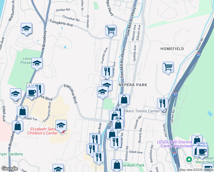 map of restaurants, bars, coffee shops, grocery stores, and more near 113 Clunie Avenue in Yonkers