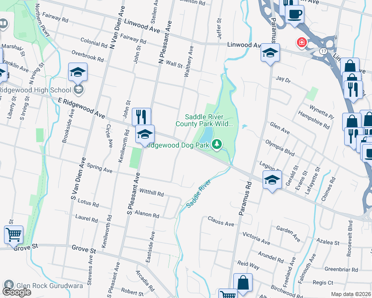 map of restaurants, bars, coffee shops, grocery stores, and more near 1010 East Ridgewood Avenue in Ridgewood