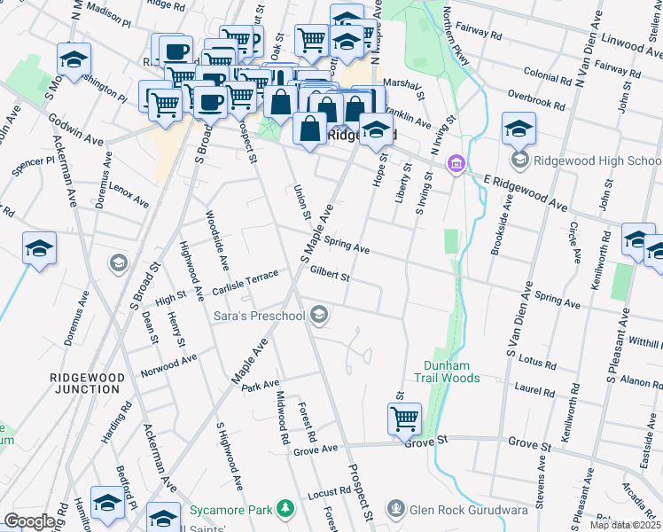 map of restaurants, bars, coffee shops, grocery stores, and more near 329 Gilbert Street in Ridgewood