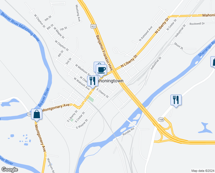 map of restaurants, bars, coffee shops, grocery stores, and more near 303 North Cedar Street in New Castle