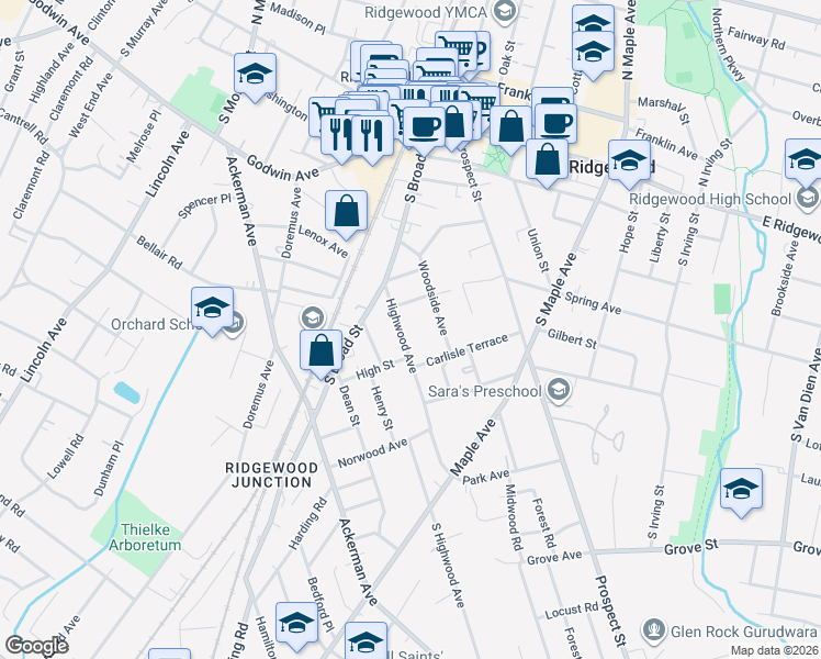 map of restaurants, bars, coffee shops, grocery stores, and more near 241 Highwood Avenue in Ridgewood