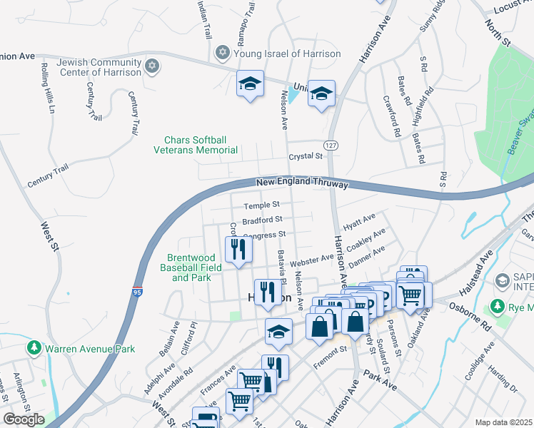 map of restaurants, bars, coffee shops, grocery stores, and more near 73 Temple Street in Harrison