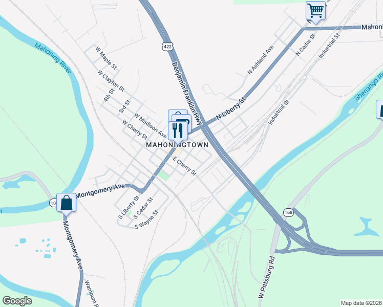 map of restaurants, bars, coffee shops, grocery stores, and more near 303 North Cedar Street in New Castle