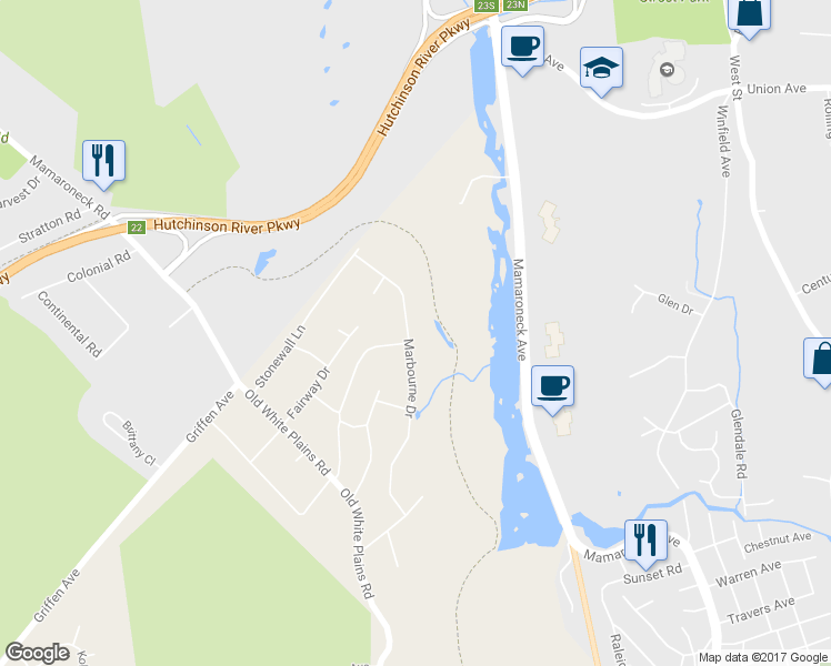map of restaurants, bars, coffee shops, grocery stores, and more near 19 Marbourne Drive in Mamaroneck