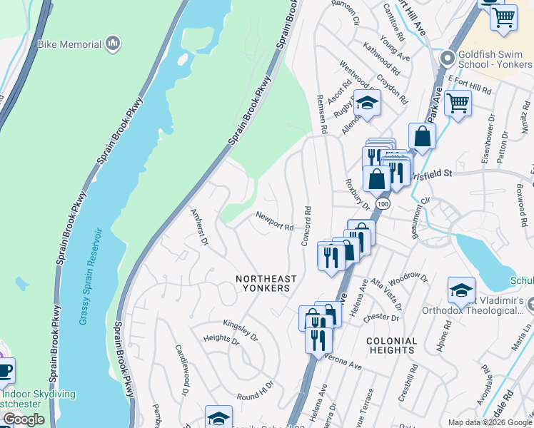 map of restaurants, bars, coffee shops, grocery stores, and more near 144 Newport Road in Yonkers