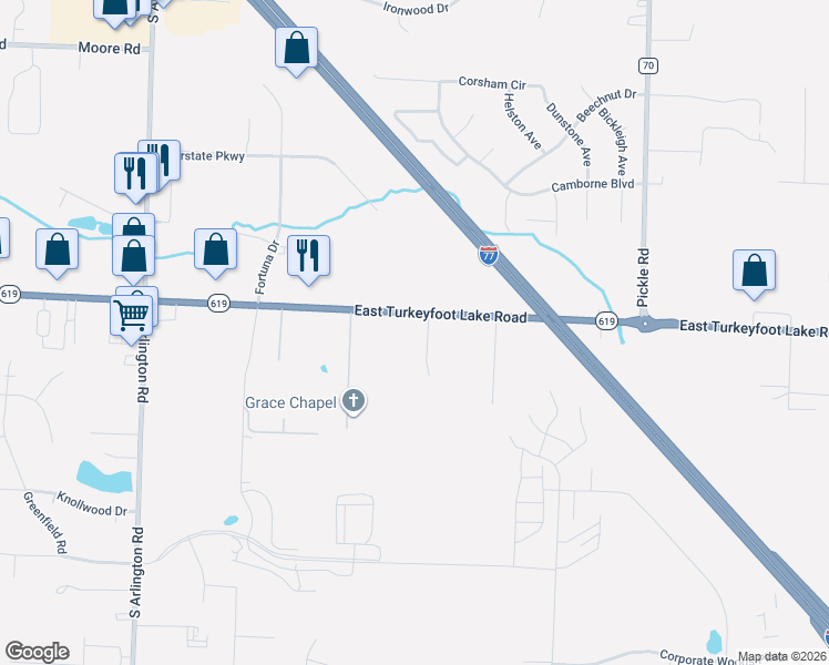 map of restaurants, bars, coffee shops, grocery stores, and more near 1134 East Turkeyfoot Lake Road in Uniontown