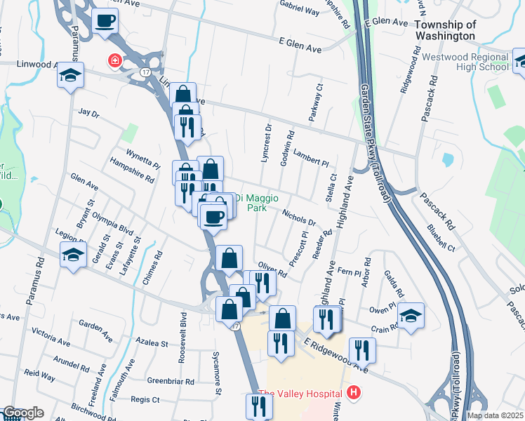 map of restaurants, bars, coffee shops, grocery stores, and more near 56 Nichols Drive in Paramus