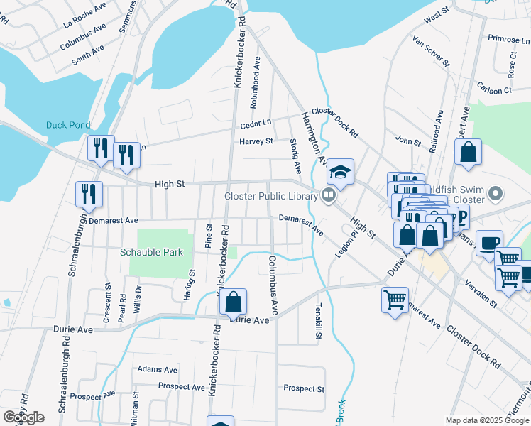 map of restaurants, bars, coffee shops, grocery stores, and more near 205 Demarest Avenue in Closter