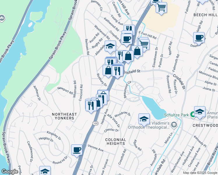 map of restaurants, bars, coffee shops, grocery stores, and more near Central Park Ave & Roxbury Dr in Yonkers