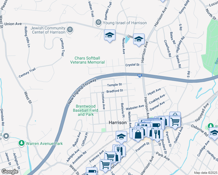 map of restaurants, bars, coffee shops, grocery stores, and more near 91 Temple Street in Harrison