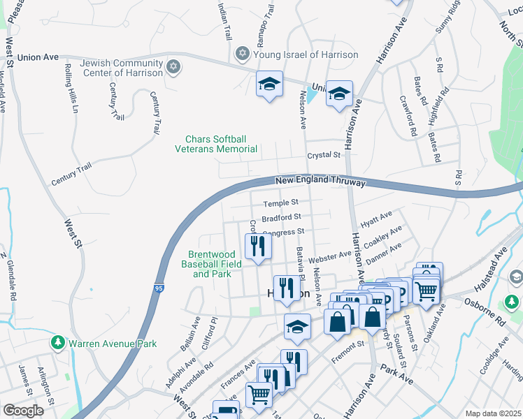 map of restaurants, bars, coffee shops, grocery stores, and more near 91 Temple Street in Harrison