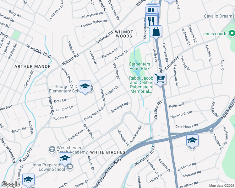 map of restaurants, bars, coffee shops, grocery stores, and more near 205 Rogers Drive in Scarsdale