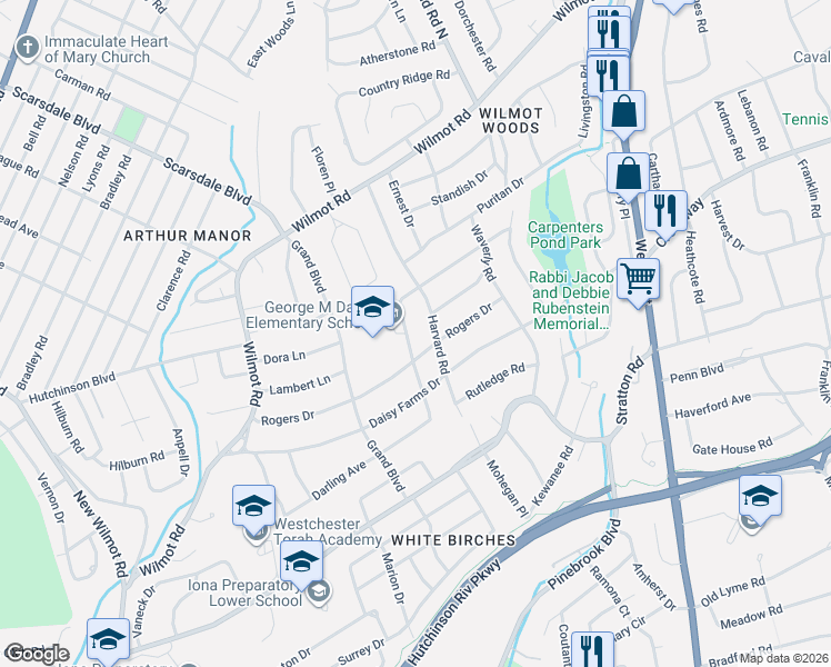 map of restaurants, bars, coffee shops, grocery stores, and more near 37 Harvard Road in Scarsdale