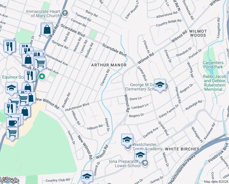 map of restaurants, bars, coffee shops, grocery stores, and more near 35 Frederick Lane in Scarsdale