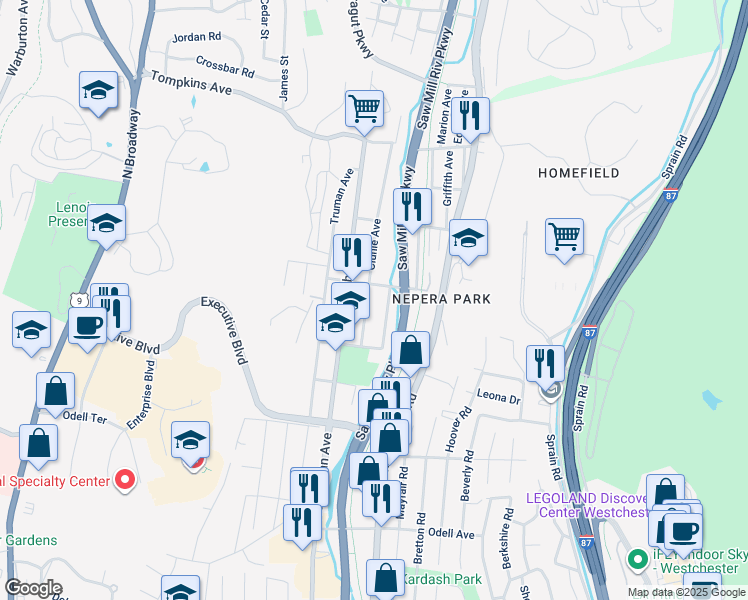 map of restaurants, bars, coffee shops, grocery stores, and more near 113 Clunie Avenue in Yonkers