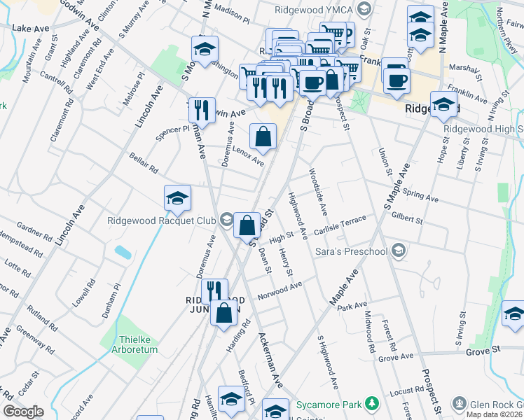 map of restaurants, bars, coffee shops, grocery stores, and more near 346 South Broad Street in Ridgewood