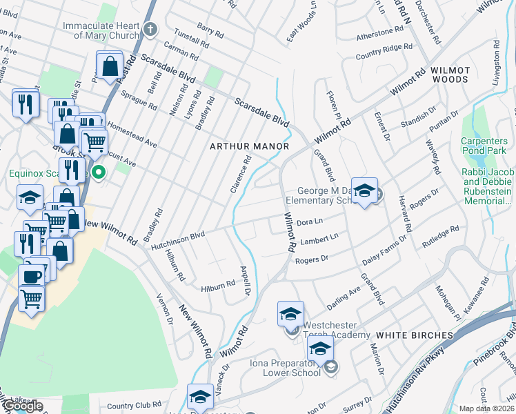 map of restaurants, bars, coffee shops, grocery stores, and more near 35 Frederick Lane in Scarsdale