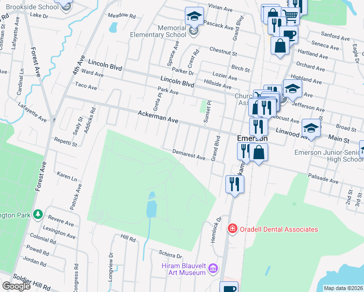 map of restaurants, bars, coffee shops, grocery stores, and more near 12 Hollywood Avenue in Emerson