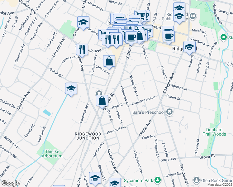 map of restaurants, bars, coffee shops, grocery stores, and more near 253 Edwards Street in Ridgewood