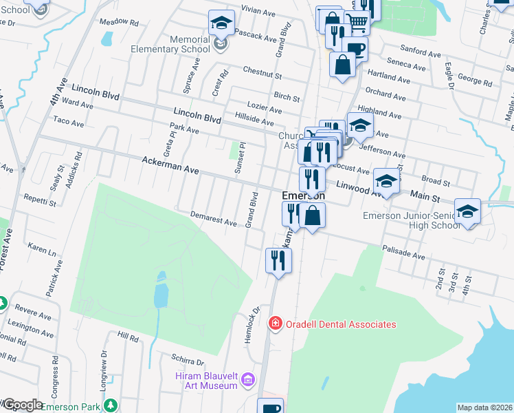map of restaurants, bars, coffee shops, grocery stores, and more near 95 Grand Boulevard in Emerson