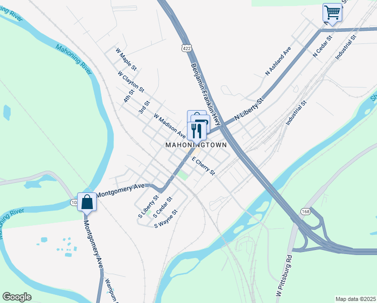 map of restaurants, bars, coffee shops, grocery stores, and more near 205 North Liberty Street in New Castle