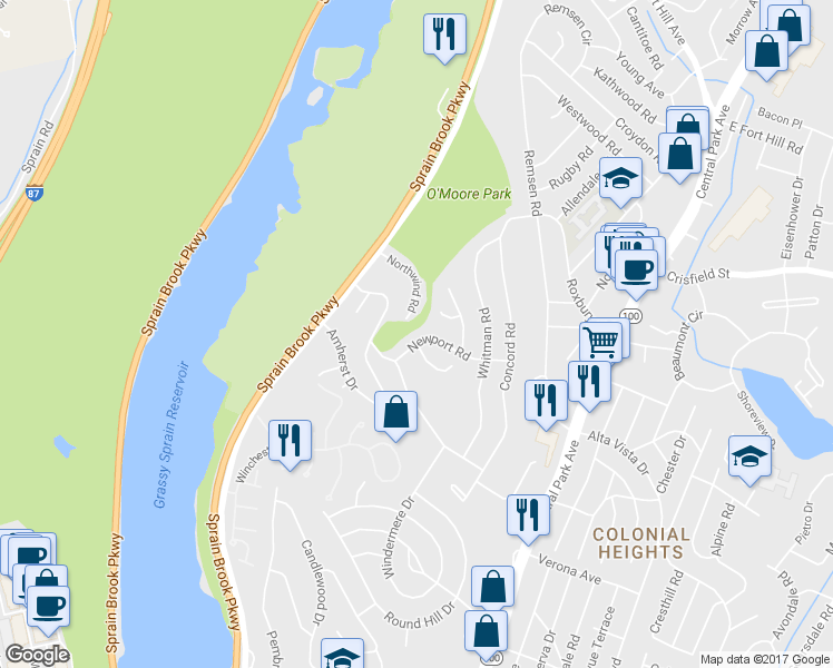 map of restaurants, bars, coffee shops, grocery stores, and more near 166 Newport Road in Yonkers