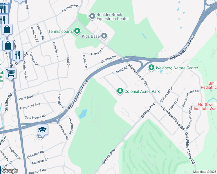map of restaurants, bars, coffee shops, grocery stores, and more near 9 Continental Road in Scarsdale