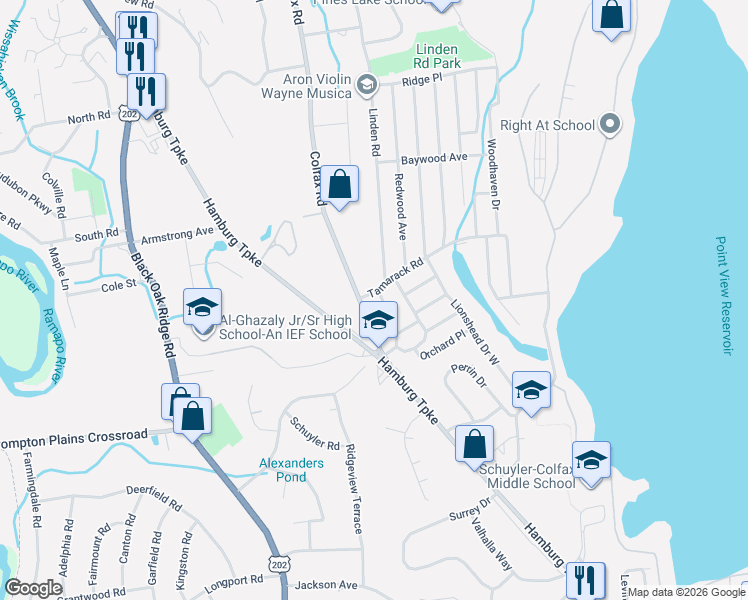 map of restaurants, bars, coffee shops, grocery stores, and more near 12 Tamarack Road in Wayne