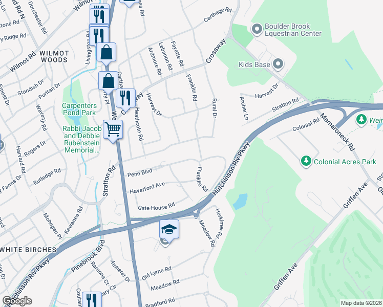 map of restaurants, bars, coffee shops, grocery stores, and more near 69 Penn Boulevard in Scarsdale