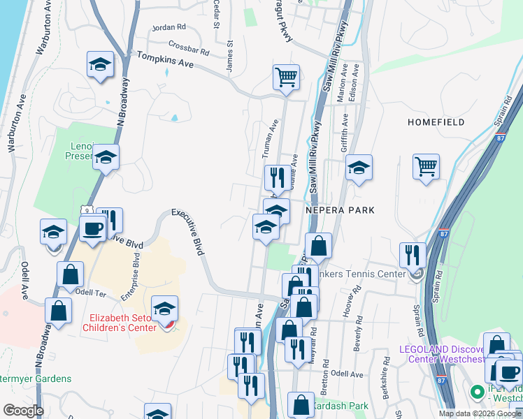 map of restaurants, bars, coffee shops, grocery stores, and more near 177 Truman Avenue in Yonkers