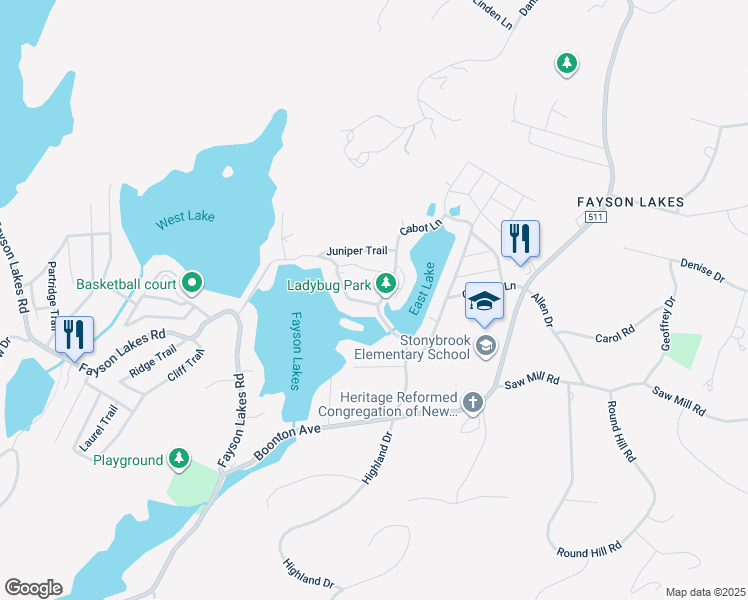 map of restaurants, bars, coffee shops, grocery stores, and more near 52 Lakeside Trail in Kinnelon