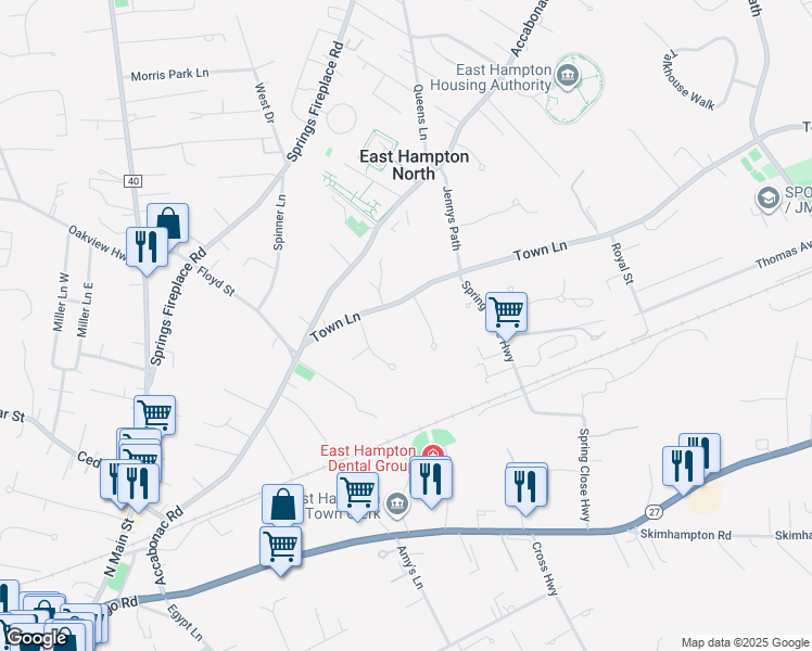 map of restaurants, bars, coffee shops, grocery stores, and more near 98 Town Lane in East Hampton